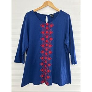 Lucky Brand Womens 2X Blue Red Embroidered 3/4 Sleeve Knit Tunic Top Plus Size